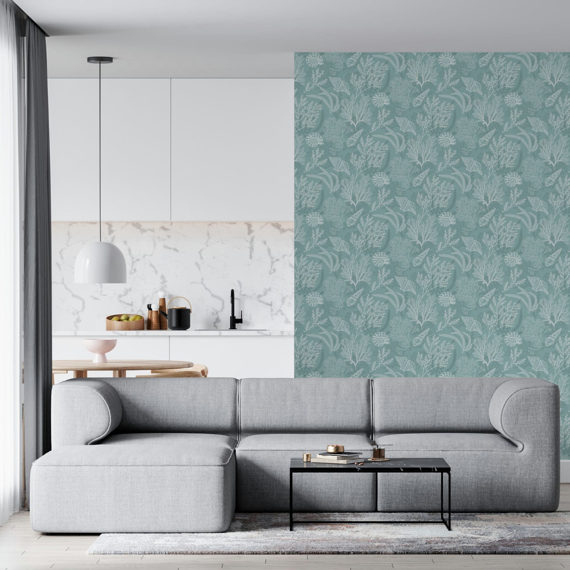 Marburg Novamur Mona 81688 Green wallpaper with a white line-drawn botanical pattern of leaves and flowers in a repeating motif wallpaper on a living room feature wall.
