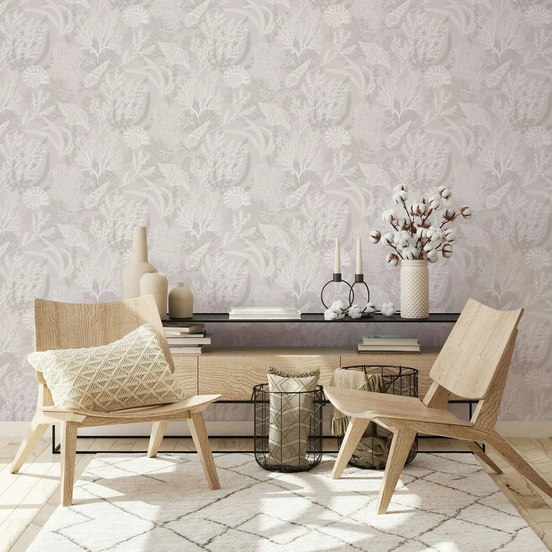 Marburg Novamur Mona 81690 Tonal botanical wallpaper with delicate leaves and flowers in beige and white wallpaper on a living room feature wall.
