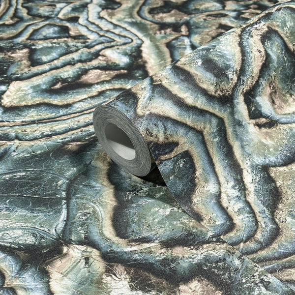 Marburg Novamur Mona 81691 Wallpaper roll on matching unrolled sheet featuring an abstract marbled design with flowing green, grey, and beige bands.