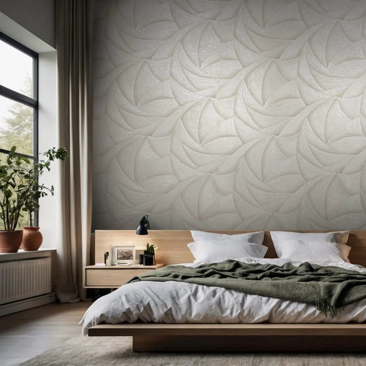 Marburg Ritus 35502 Bedroom scene featuring a light beige wallpaper with overlapping curved, petal-like swirls behind a low wooden bed with white bedding; a nightstand, lamp, and a window with plants sit to the left.