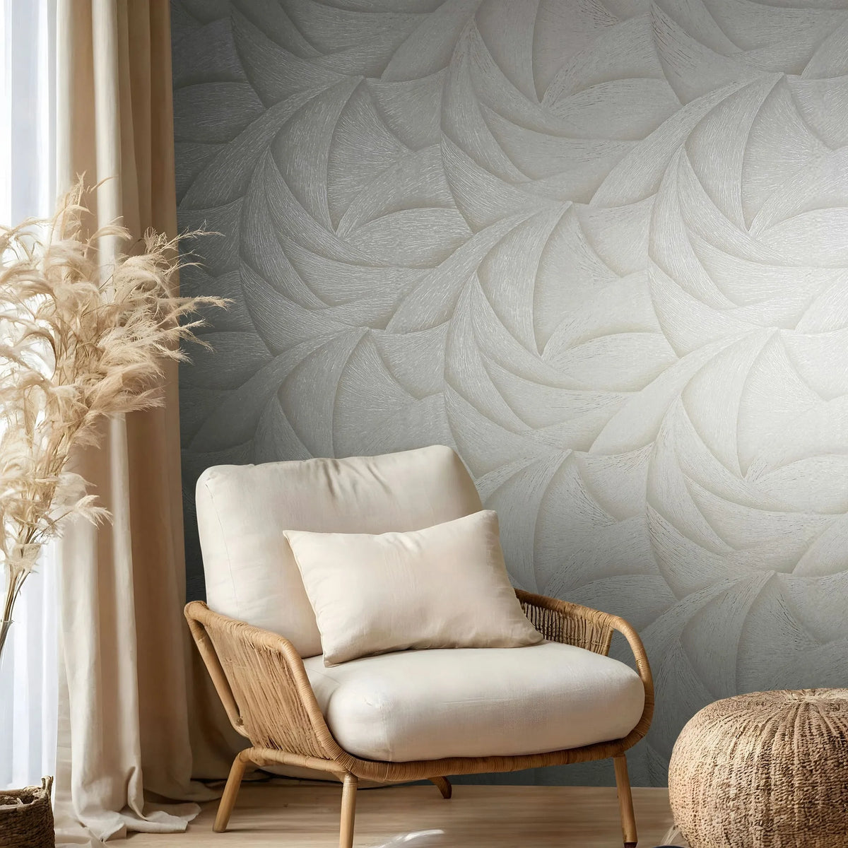 Marburg Ritus 35502 Large-scale overlapping curved leaf motifs forming a swirl pattern in a light beige tone with a soft wallpaper on a living room feature wall.