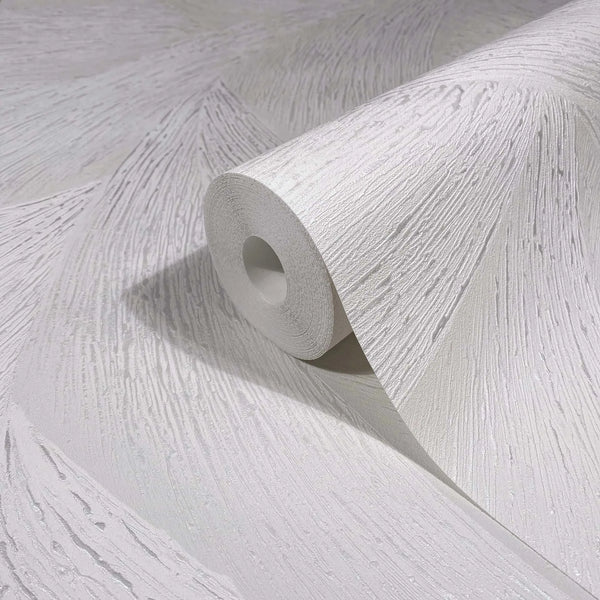 Marburg Ritus 35503 Close-up of a white textured wallpaper roll resting on matching unrolled wallpaper, showing a raised linear pattern with a subtle sheen.