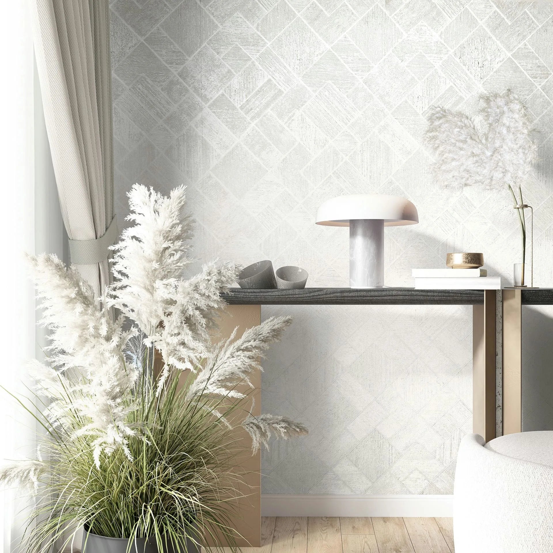 Marburg Ritus 35508 Light geometric wallpaper with a subtle square-and-diamond grid behind a console table holding a dome table lamp, small bowls, and stacked books, with pampas grass, a curtain, and part of an upholstered chair in view.