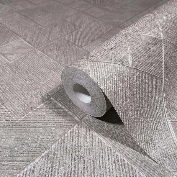Marburg Ritus 35510 Wallpaper roll on matching unrolled wallpaper showing a geometric block pattern of squares and rectangles with fine linear texture in beige and gray.