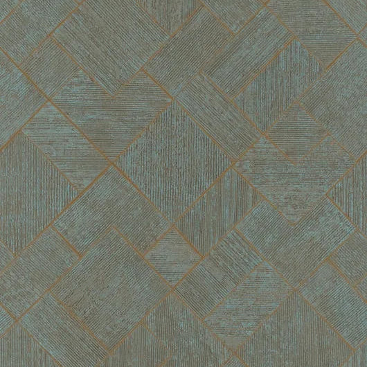 Marburg Ritus 35512 geometric diamond wallpaper with textured squares in a neutral grey tone highlighted by copper linework.