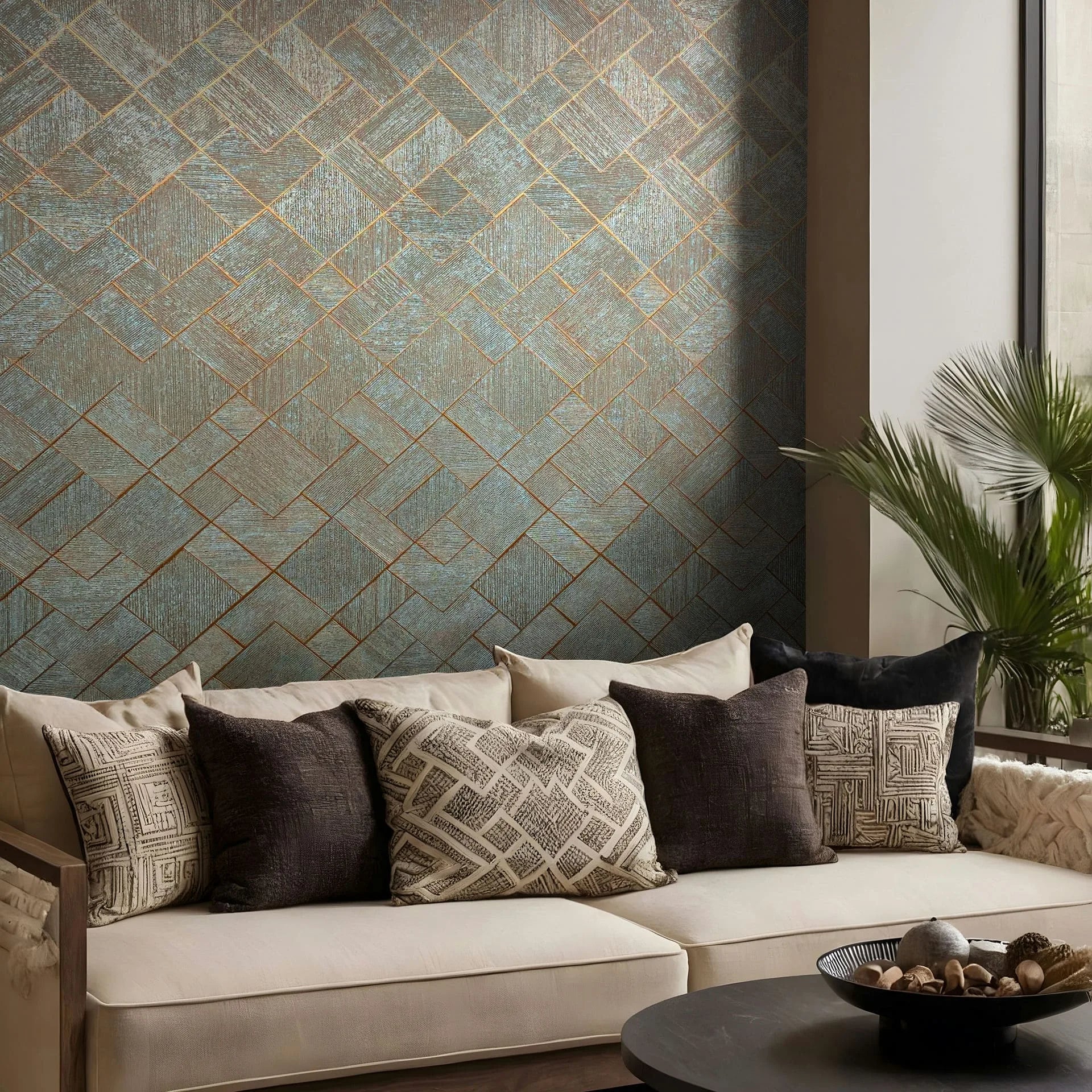 Marburg Ritus 35512 Blue wallpaper with a geometric herringbone pattern outlined in copper, shown behind a cream sofa with patterned cushions, a round coffee table with a bowl, and a potted palm near a tall window.