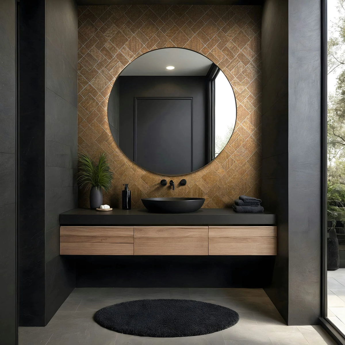Marburg Ritus 35513 Bathroom vanity scene with a gold herringbone-pattern wallpaper behind a large round mirror, black vessel sink and faucet, wood floating vanity, plant, soap dish, pump bottle, folded towels, and a dark round rug.