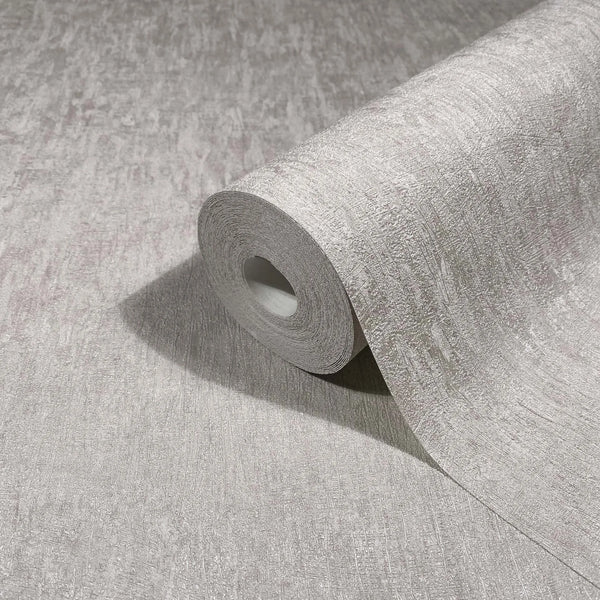 Marburg Ritus 35523 Light gray textured wallpaper with irregular striations, shown as a roll partially unrolled on the same material.