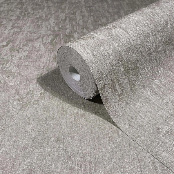 Marburg Ritus 35525 Close-up of a gray textured wallpaper roll partially unrolled on a matching sheet, showing an irregular abstract pattern.