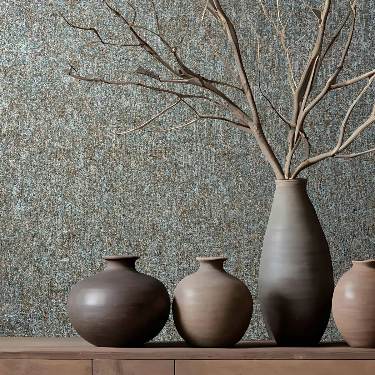 Marburg Ritus 35526 Textured blue and copper wallpaper behind a wood console with ceramic vases, including a tall vase holding bare branches.