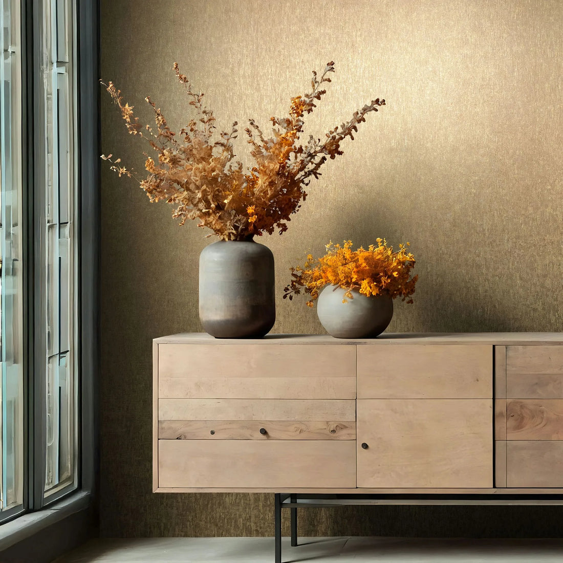 Marburg Ritus 35527 Textured metallic-look wallpaper behind a light wood sideboard with two ceramic vases holding dried branches and small flowers beside a tall window.