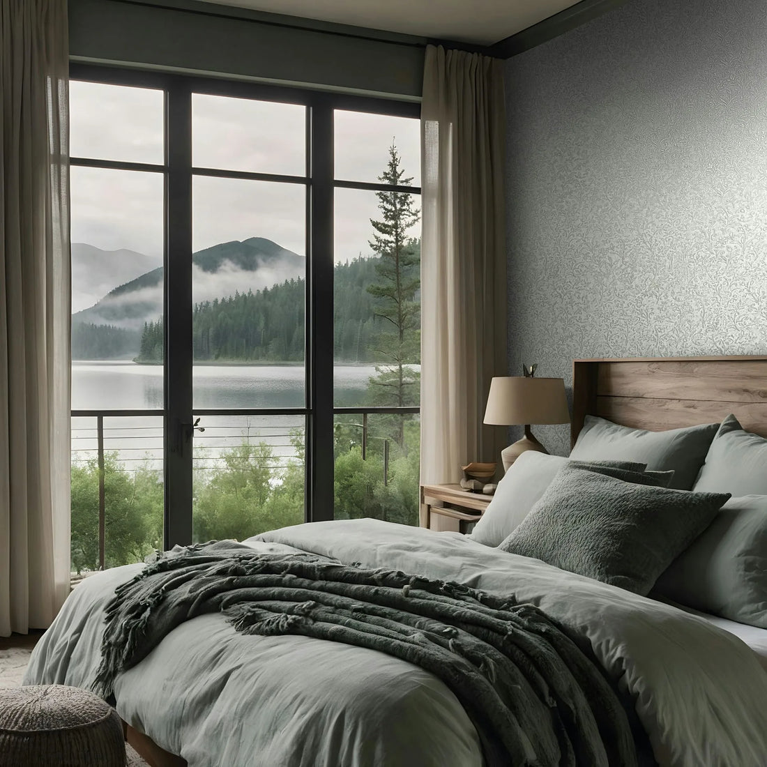 Marburg Ritus 35529 Bedroom scene showing a gray patterned wallpaper feature wall behind a wooden headboard, with a made bed, pillows and throw, a nightstand with a table lamp, and tall curtained windows overlooking a lake and mountains.