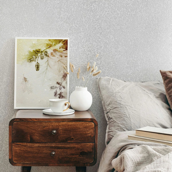 Marburg Ritus 35530 Tone-on-tone light gray to white wallpaper with a dense, small-scale botanical scroll pattern of twm wallpaper on a bedroom feature wall.