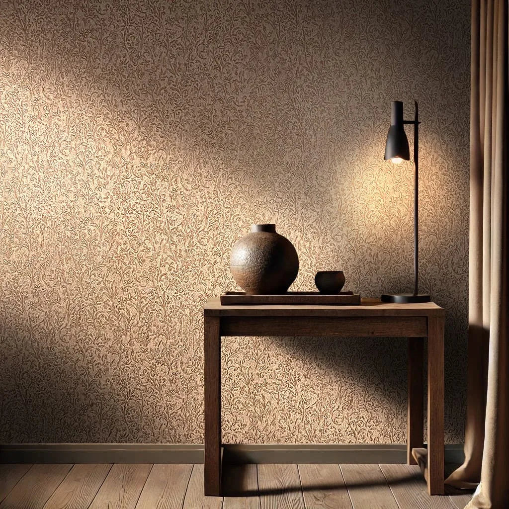 Marburg Ritus 35533 Brown and gold wallpaper with an intricate botanical pattern on a feature wall behind a wooden console table, a ceramic vase and bowl, a black table lamp, and a floor-length curtain.