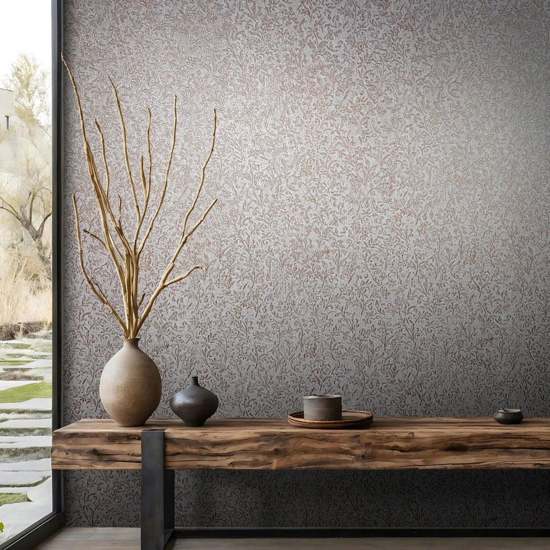 Marburg Ritus 35534 Copper and gray botanical scroll wallpaper behind a long wood bench with ceramic vessels and branches beside a large window.
