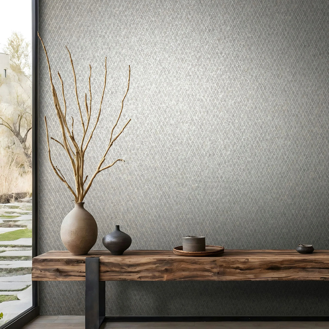 Marburg Ritus 35538 Gray geometric lattice wallpaper behind a wood console with ceramic vases and branches next to a large window.