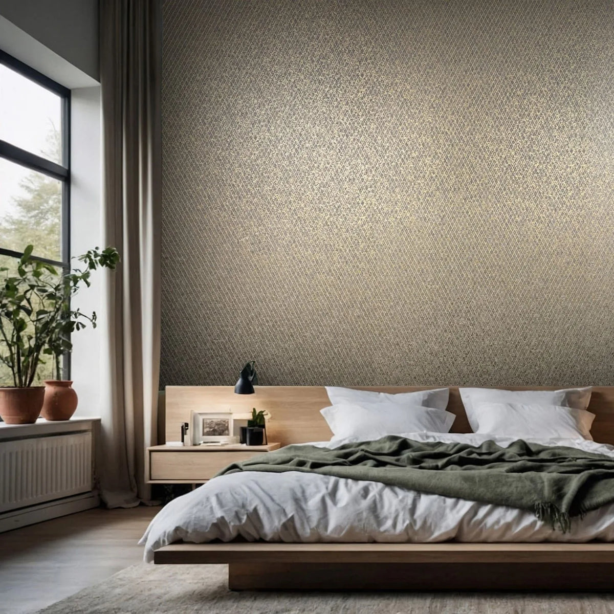 Marburg Ritus 35540 Black and gold geometric lattice wallpaper behind a low wooden bed with white bedding, a bedside table with lamp and framed photo, large window with curtains, and potted plants.