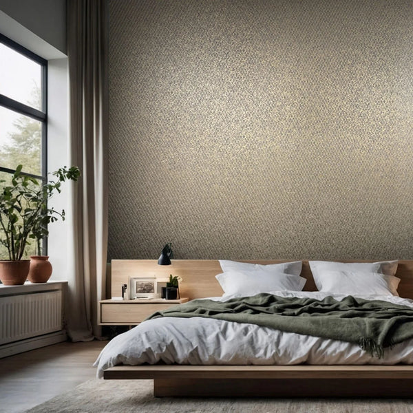 Marburg Ritus 35540 Black and gold geometric lattice wallpaper behind a low wooden bed with white bedding, a bedside table with lamp and framed photo, large window with curtains, and potted plants.