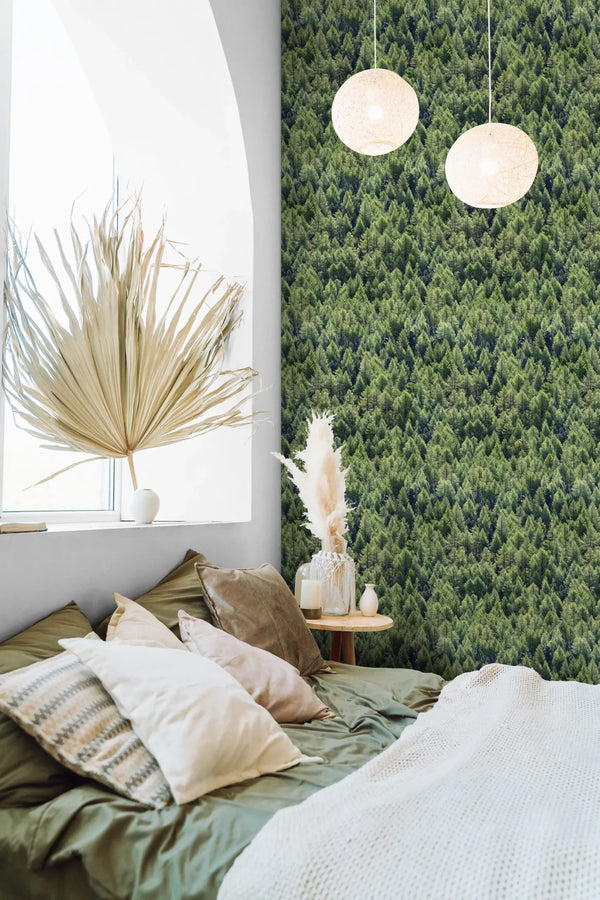 Marburg Struktura 45730 Photorealistic dense green forest treetop pattern creating an all-over woodland texture wallpaper on a bedroom feature wall.
