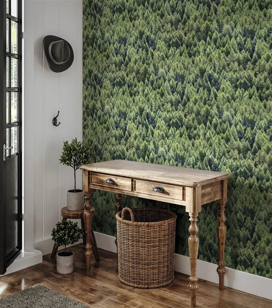 Marburg Struktura 45730 Green forest treetops wallpaper behind a wooden console table with a wicker basket; potted plants, a wall hook with a hat, and a door are visible.