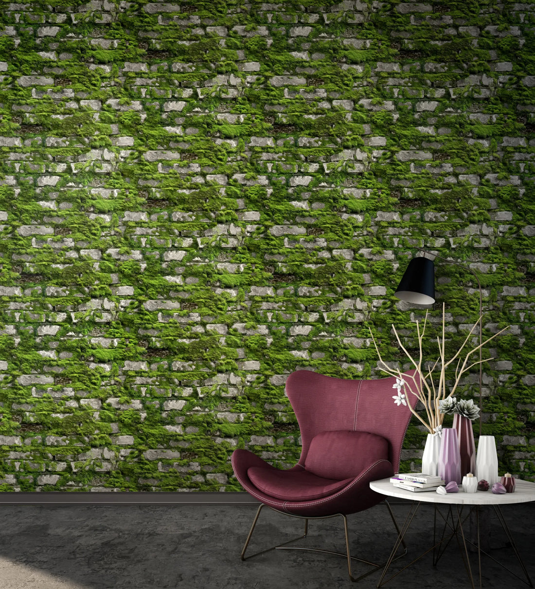 Marburg Struktura 45731 moss-covered stone wall effect wallpaper in deep forest green.