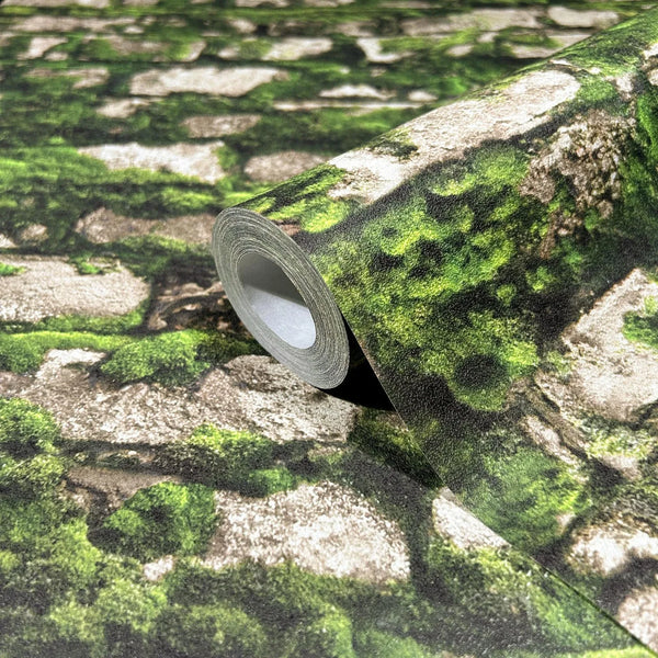 Marburg Struktura 45732 Green moss on weathered stone texture print, photorealistic effect wallpaper roll showing its textured surface and finish.
