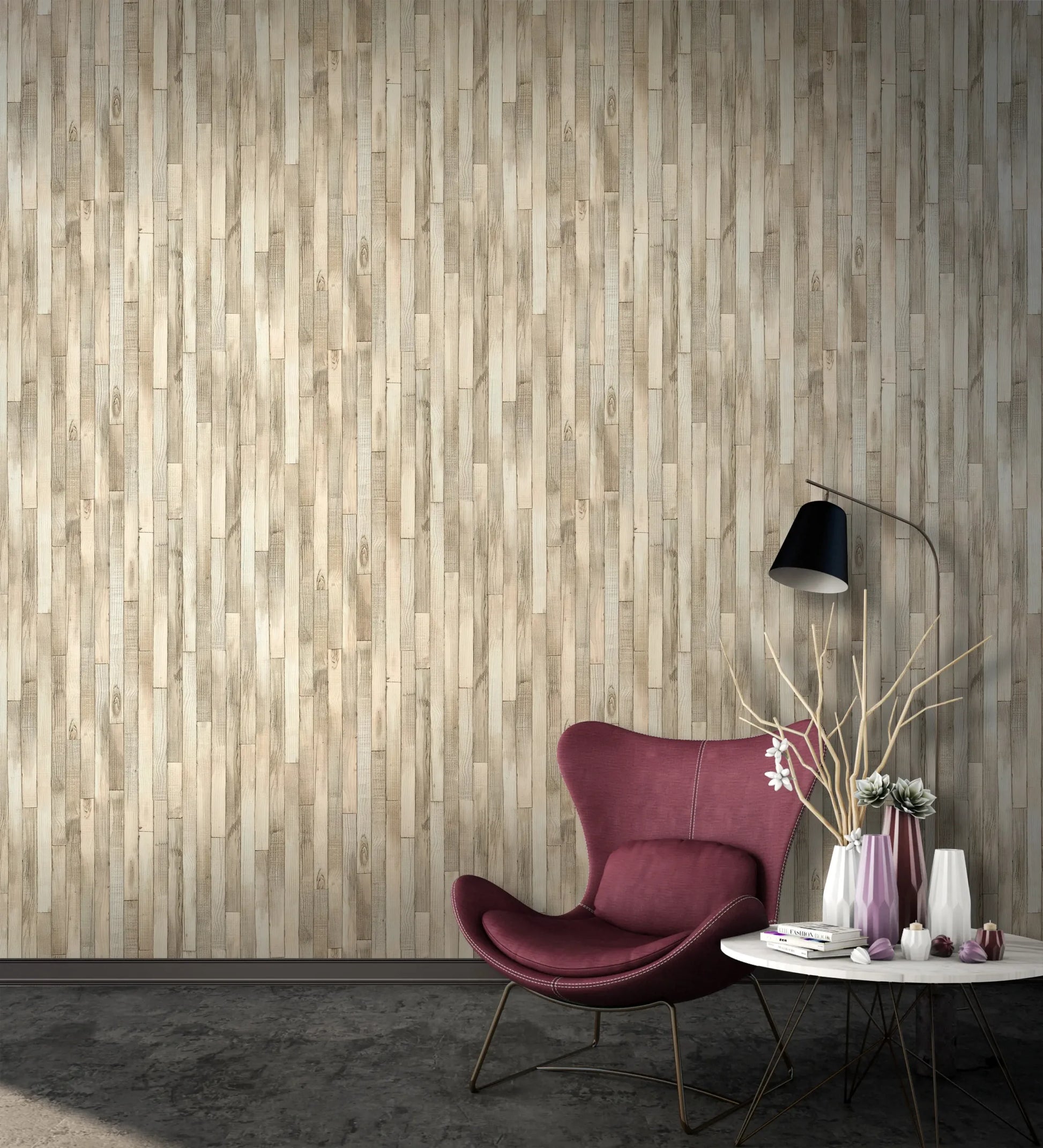 Marburg Struktura 45734 Beige vertical wood-plank effect wallpaper with narrow staggered boards and subtle grain and knots wallpaper on a living room feature wall.