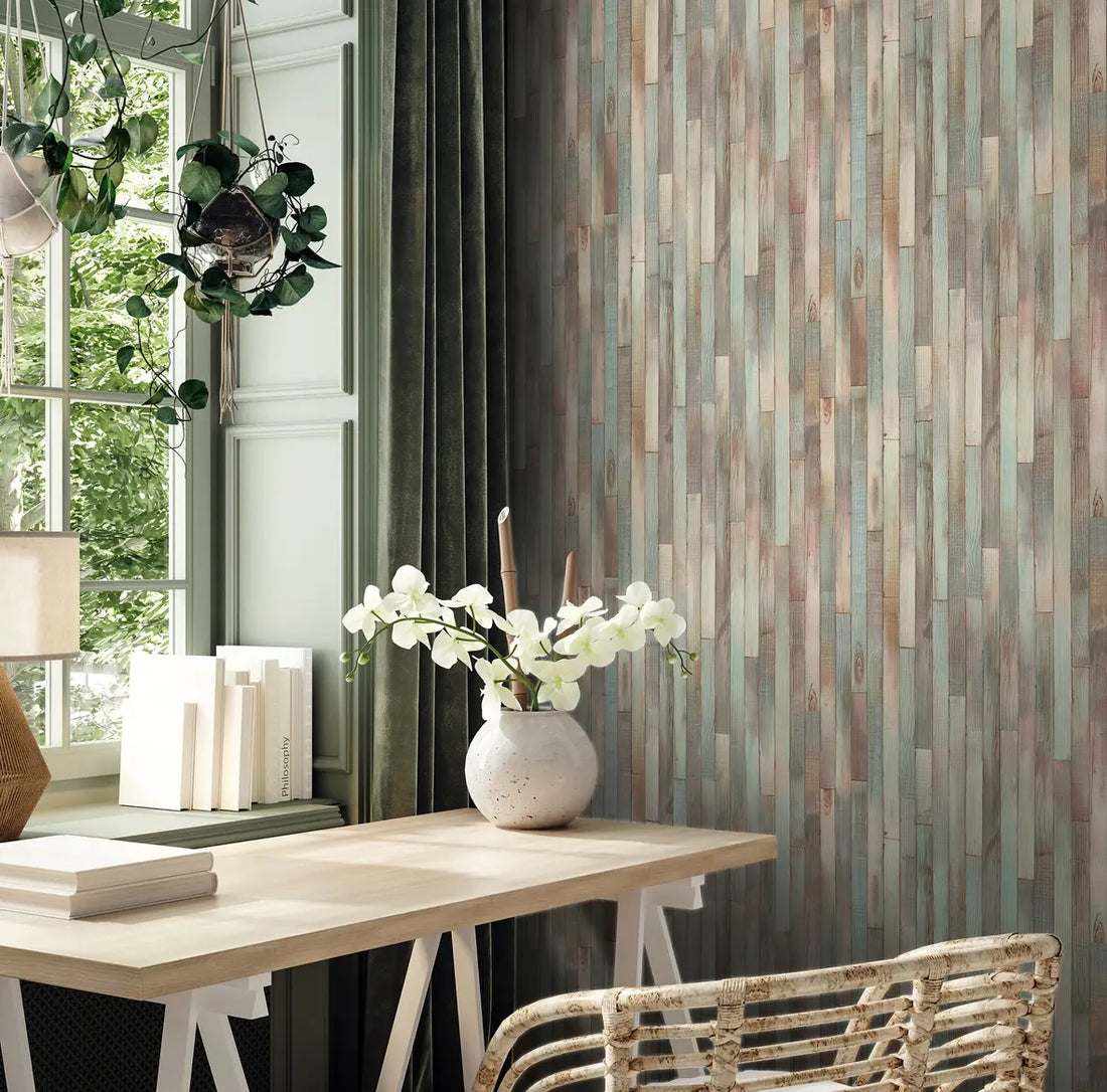 Marburg Struktura 45736 wood plank stripe wallpaper in warm taupe and beige with turquoise accents