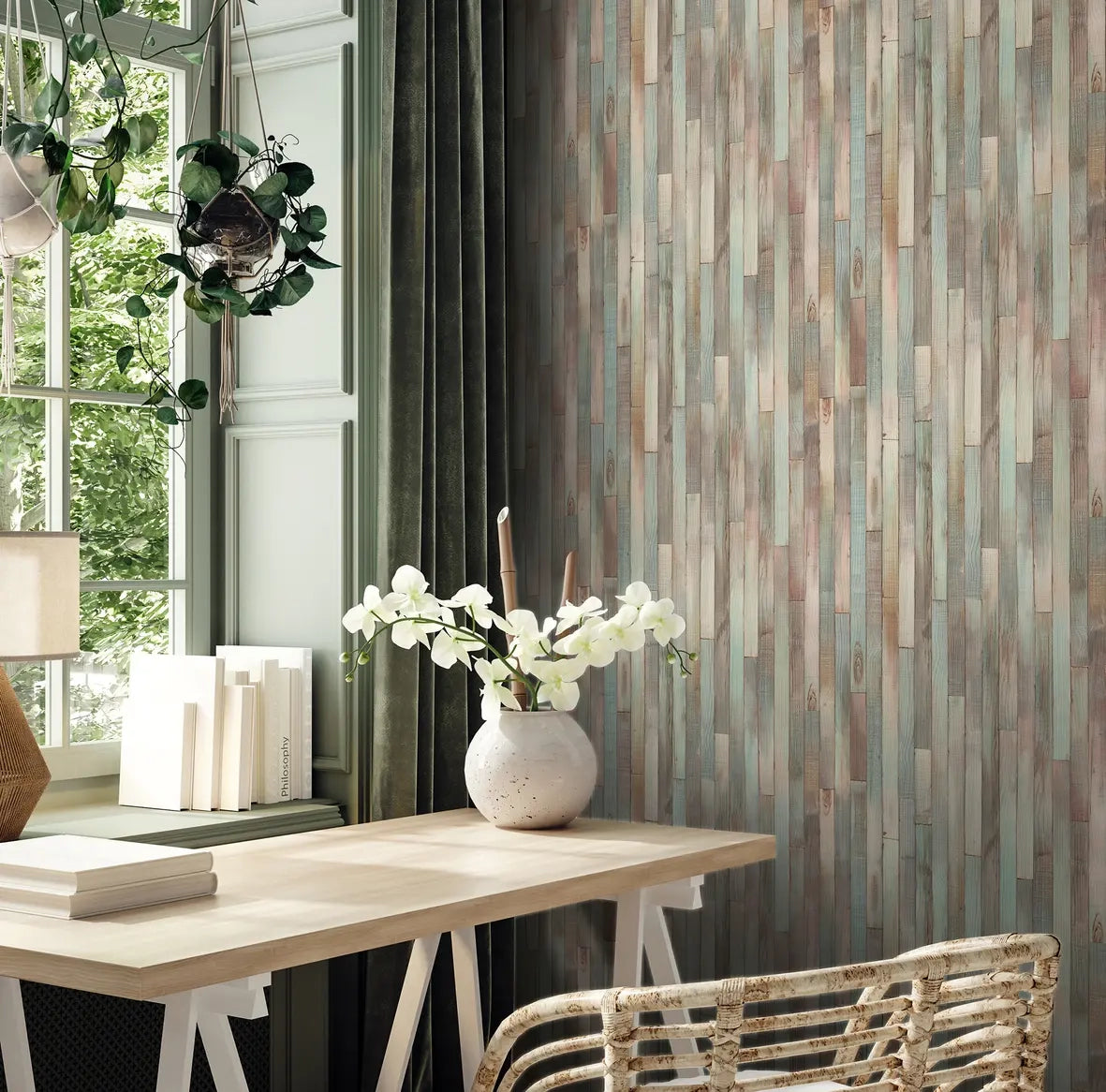 Marburg Struktura 45736 Vertical wood plank effect wallpaper in beige, brown, gray, and turquoise tones on a feature wall beside a window, shown with a desk, chair, green curtain, hanging plant, books, and a vase with white flowers.