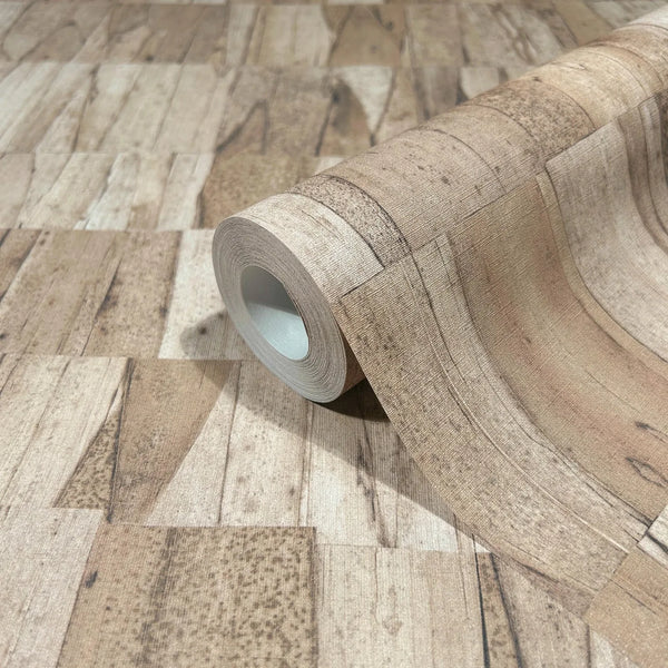 Marburg Struktura 45738 A roll of wallpaper with a brown wood plank pattern, shown partially unrolled on the same design.