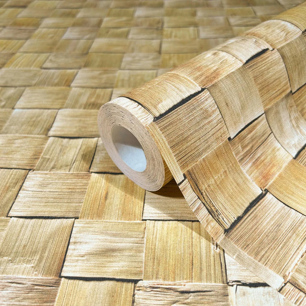 Marburg Struktura 45739 Wallpaper roll resting on matching unrolled wallpaper featuring a beige basket‑weave square pattern with brushstroke texture.
