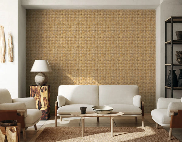 Marburg Struktura 45739 Beige basketweave-look wallpaper made of small interlocking rectangular blocks with tonal shading, a wallpaper on a living room feature wall.