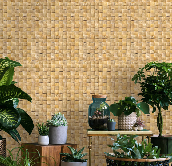 Marburg Struktura 45739 Beige woven-look wallpaper with a small square basketweave pattern behind a grouping of potted houseplants, succulents, and a glass jar terrarium on a side table.