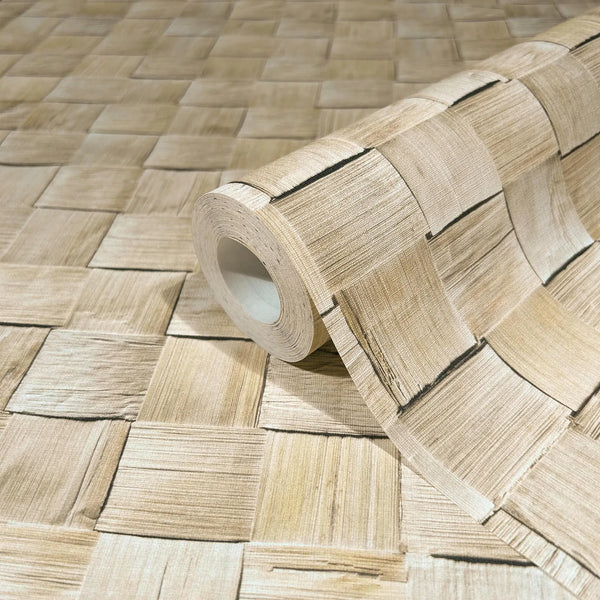 Marburg Struktura 45740 Wallpaper roll on a matching surface showing a beige basketweave square pattern with subtle woodgrain texture.