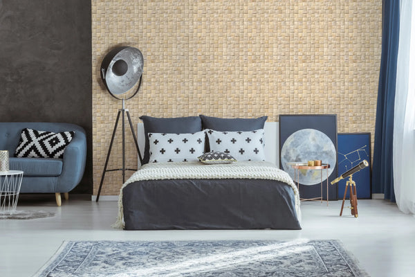 Marburg Struktura 45740 Bedroom interior showing beige basketweave-pattern wallpaper behind the bed, with a tripod floor lamp, blue sofa, framed artwork, and a telescope.