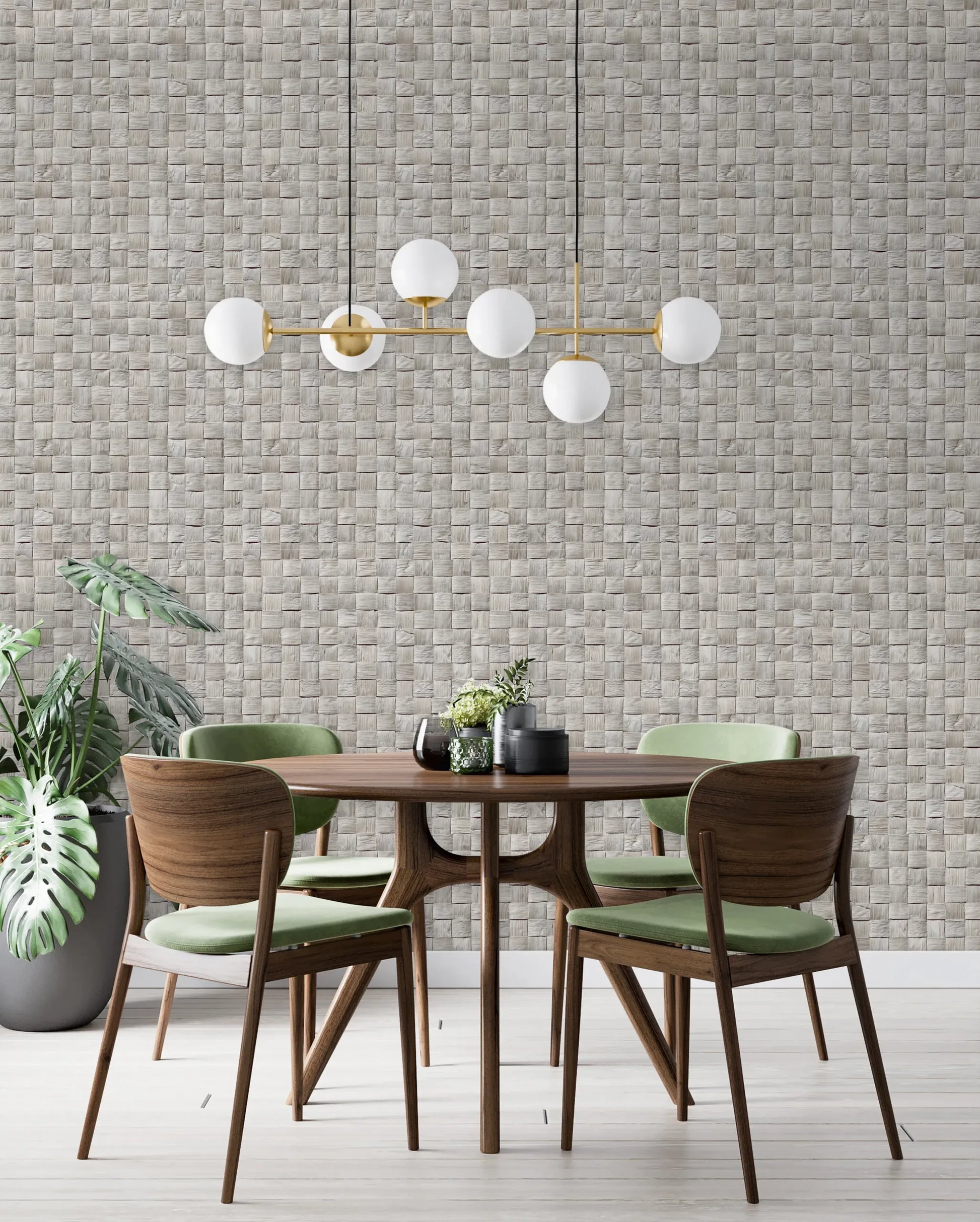 Marburg Struktura 45741 Gray woven-look basketweave wallpaper behind a round wooden dining table with chairs, a globe pendant light, and a potted plant.