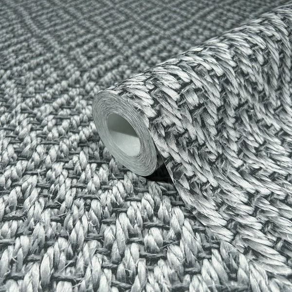 Marburg Struktura 45746 Gray faux woven basketweave/rope texture print with pronounced shading for a 3D effect wallpaper roll showing its textured surface and finish.