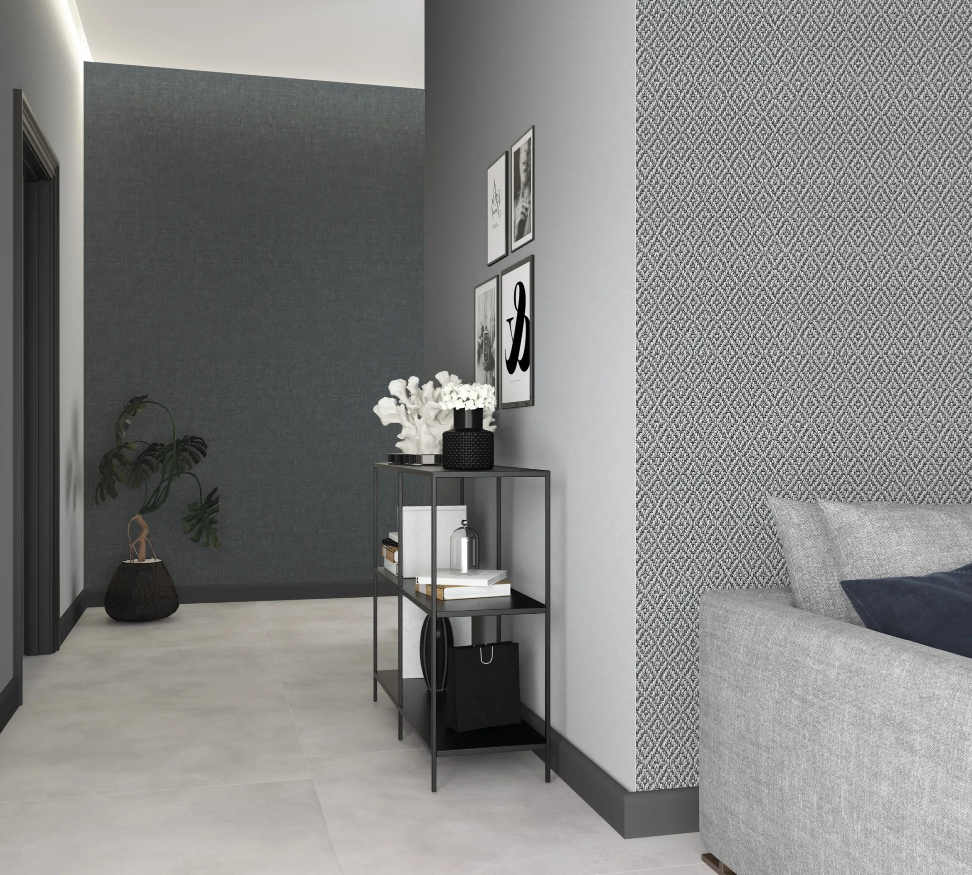 Marburg Struktura 45746 Gray small-scale geometric diamond lattice wallpaper used as an accent panel wallpaper on a living room feature wall.