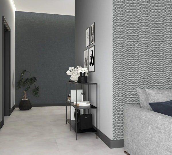 Marburg Struktura 45746 Gray small-scale geometric diamond lattice wallpaper used as an accent panel wallpaper on a living room feature wall.
