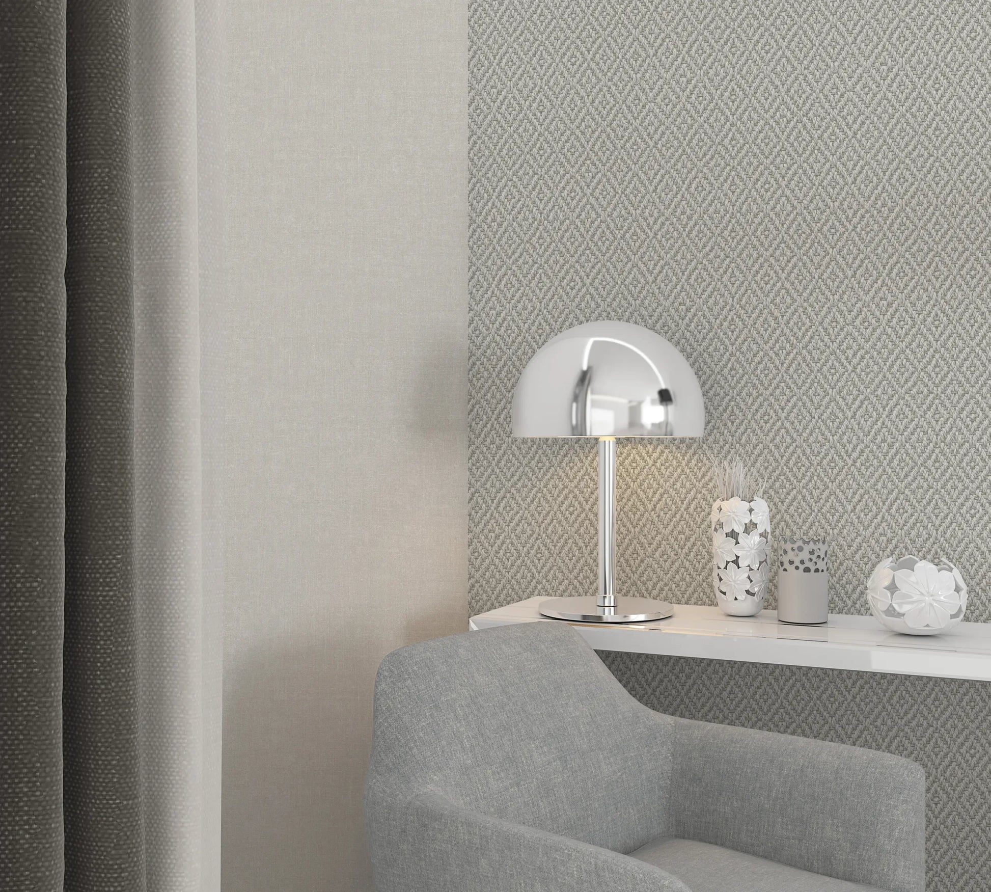 Marburg Struktura 45747 Gray diamond lattice wallpaper on the right wall beside a plain light wall, shown with a chrome dome table lamp on a white shelf, a gray armchair, dark curtains, and small decorative objects.