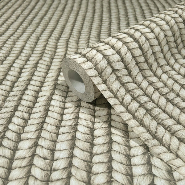 Marburg Struktura 45748 A wallpaper roll resting on matching unrolled wallpaper featuring vertical rows of a braided rope design in beige and gray tones.
