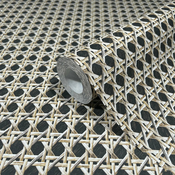 Marburg Struktura 45751 Close-up of a wallpaper roll featuring a beige and brown woven cane lattice pattern on a dark background, displayed on an unrolled sheet of the same design.