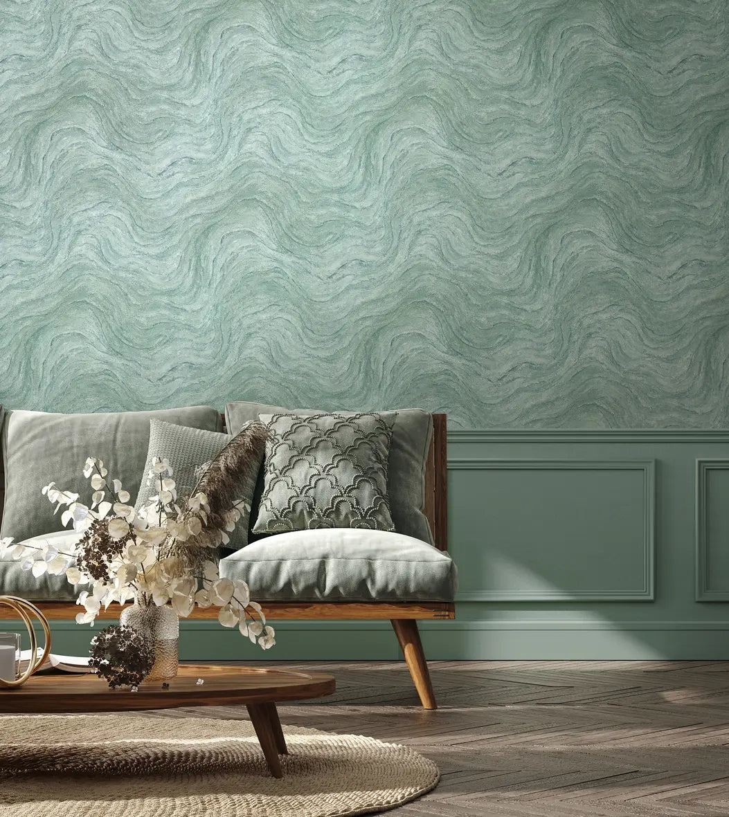 Marburg Struktura 45759 wallpaper with abstract marble-look waves in cool olive-green and teal tones.