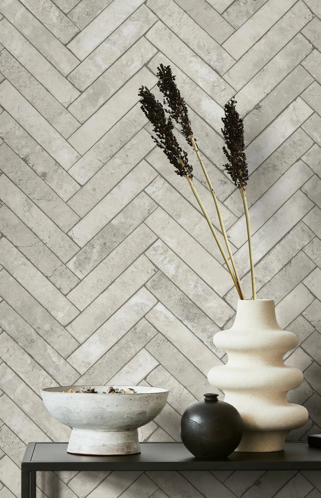 Marburg Struktura 45762 stone-look herringbone wallpaper in light greige and grey tones.