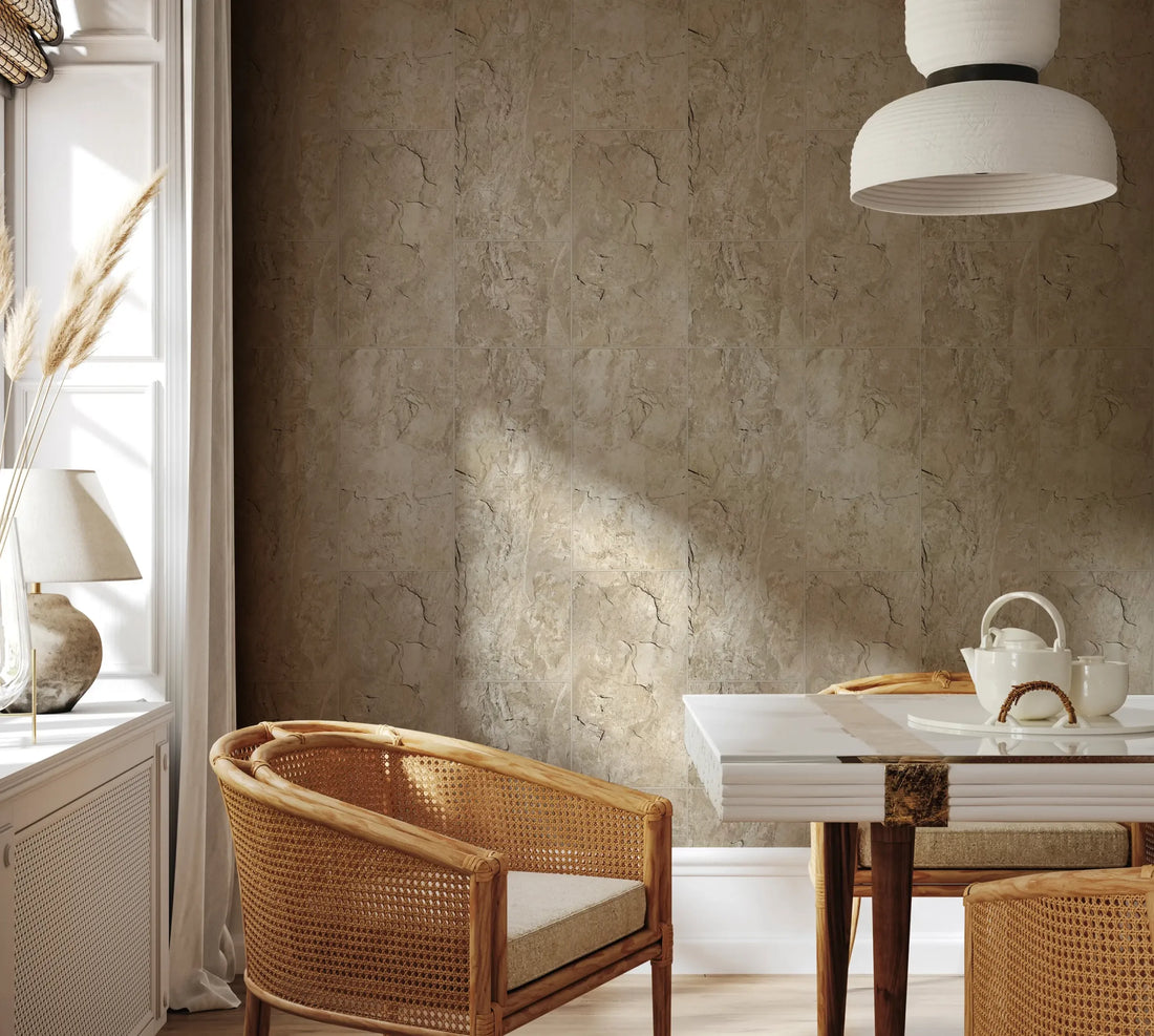 Marburg Struktura 45766 wallpaper in warm beige with realistic stone tile look and fine grout lines.