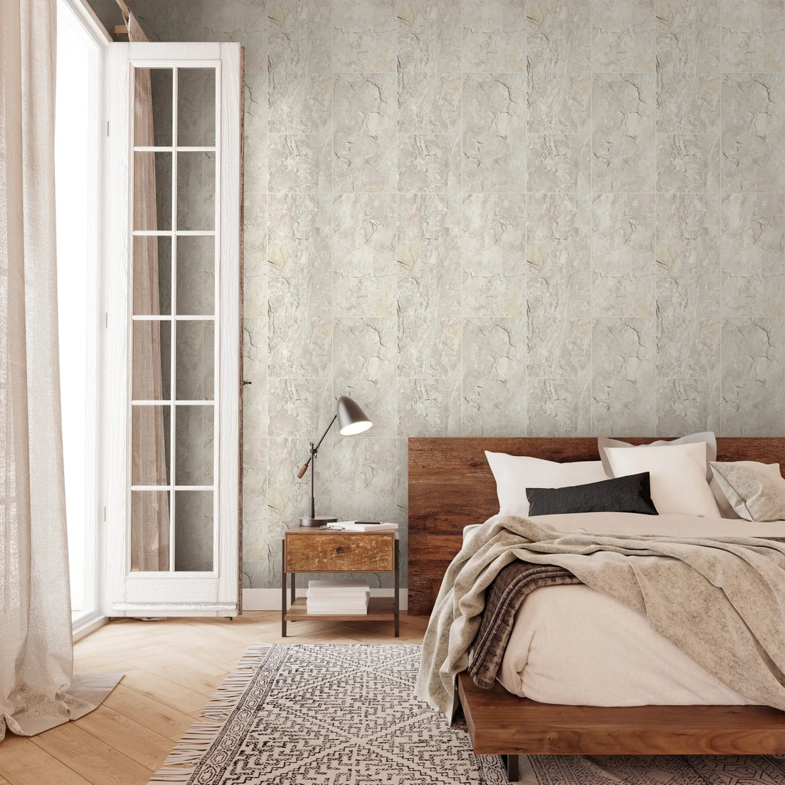 Marburg Struktura 45768 light stone tile-look wallpaper in soft white-beige with rectangular grid and subtle veining.