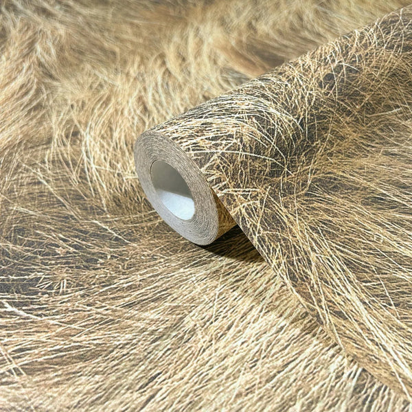 Marburg Struktura 45769 Close-up product shot of a wallpaper roll on matching surface featuring a beige and brown fibrous, straw-like texture with overlapping lines.
