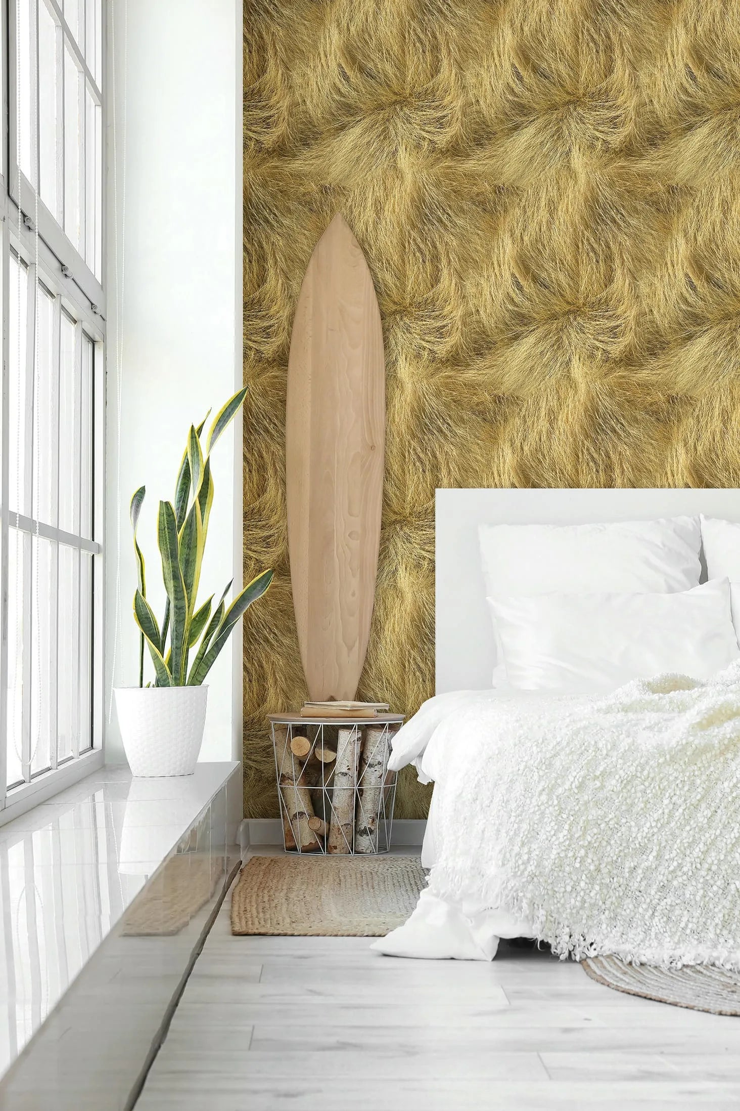 Marburg Struktura 45769 Beige and brown wallpaper with an organic, swirling fiber-like print that forms radial tufted shapes wallpaper on a bedroom feature wall.
