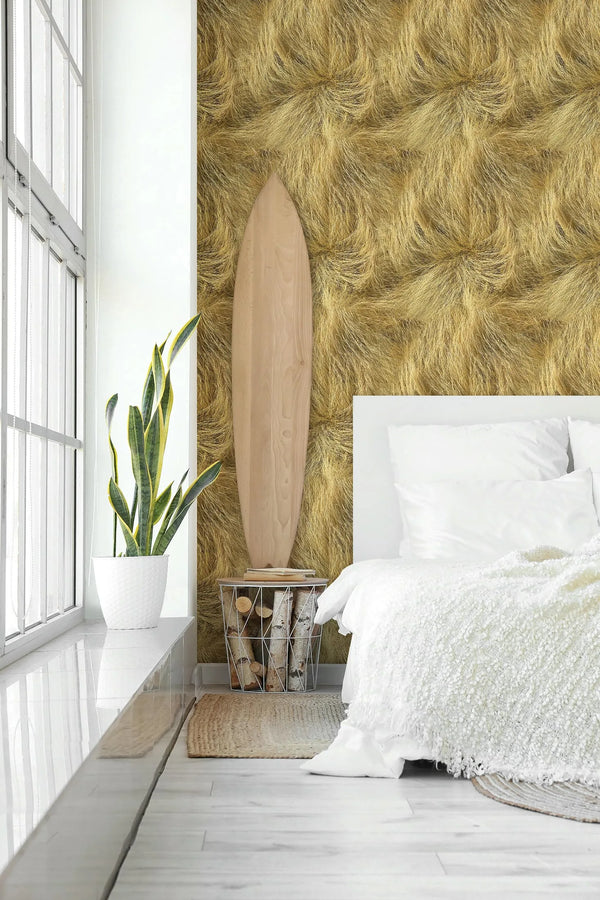 Marburg Struktura 45769 Beige and brown wallpaper with an organic, swirling fiber-like print that forms radial tufted shapes wallpaper on a bedroom feature wall.