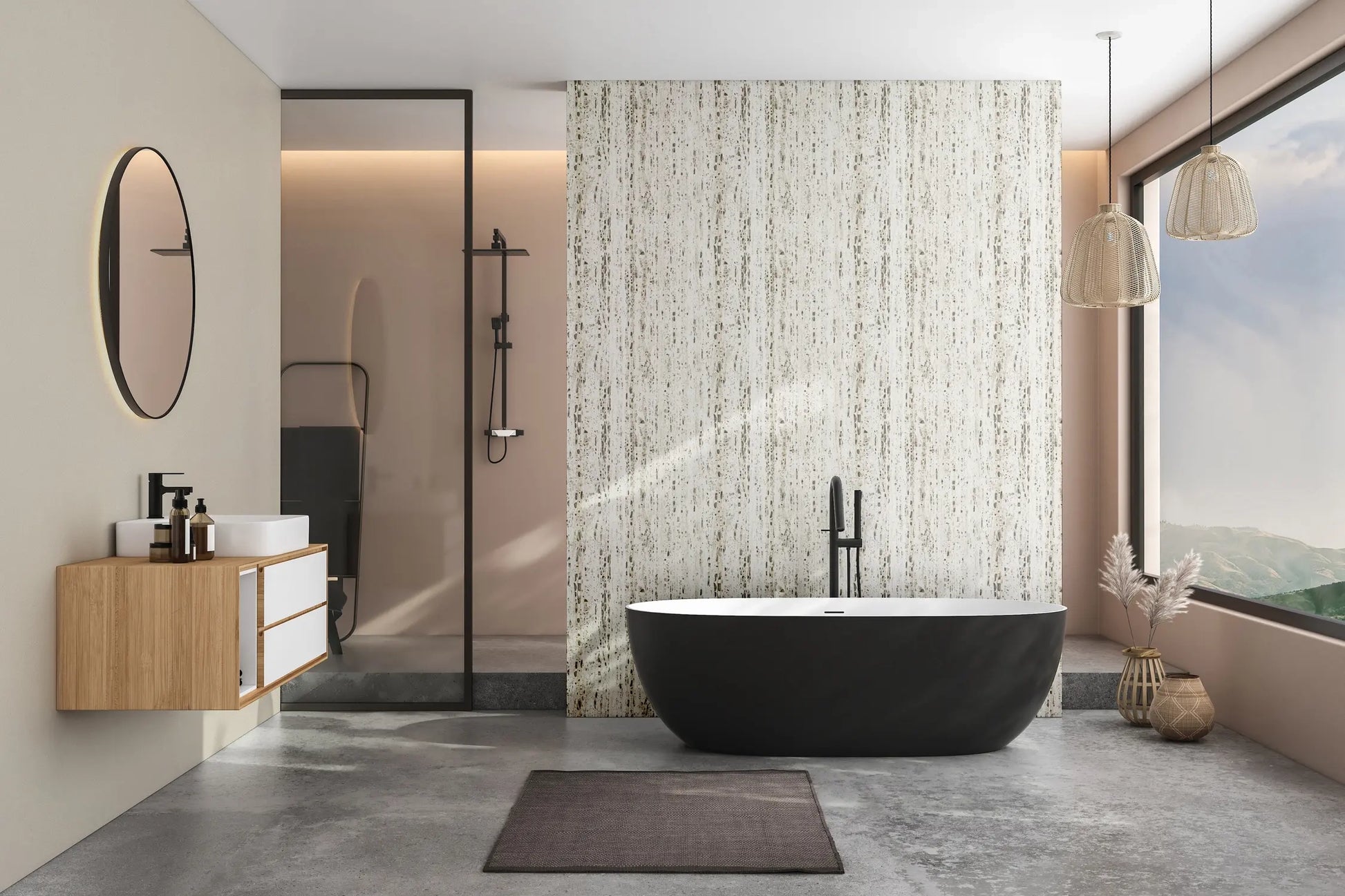 Marburg Travertino 33351 Vertical striated stone-effect pattern resembling travertine, in beige with darker taupe specks on a wallpaper on a bathroom feature wall.